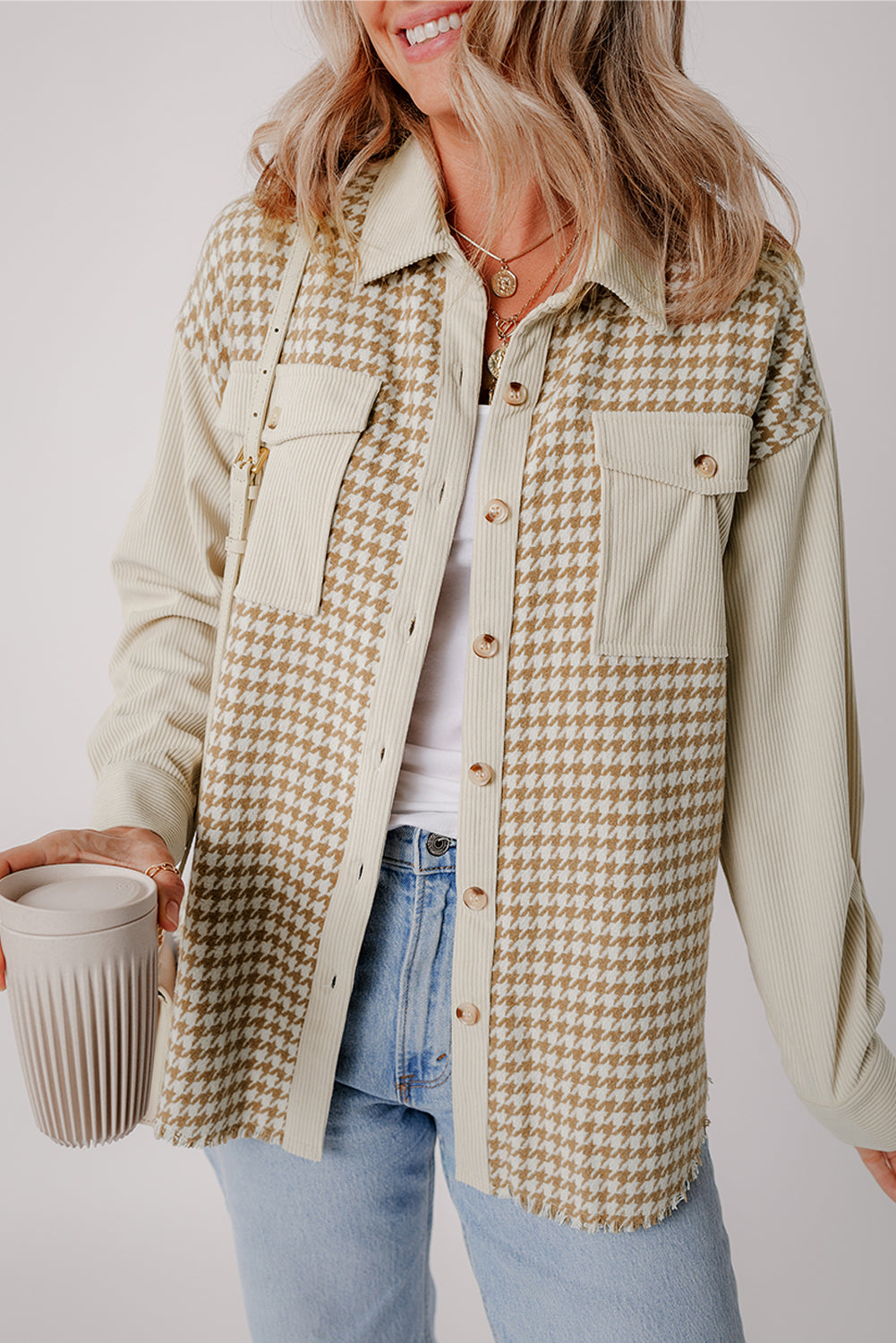 Parchment Houndstooth Corduroy Patchwork Flap Pocket Shacket-Chaelisa's New Jammies