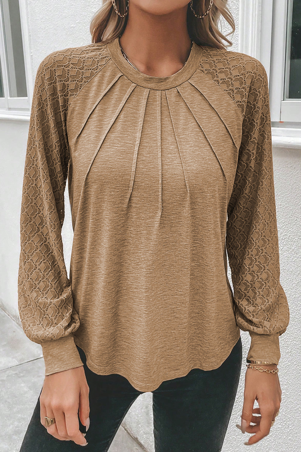 Light French Beige Contrast Lace Raglan Sleeve Plicate Round Neck Top-Chaelisa's New Jammies