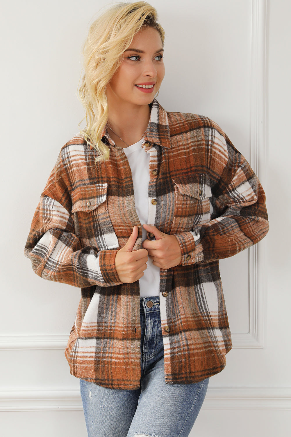 Brown Plaid Flap Pockets Shacket-Chaelisa's New Jammies