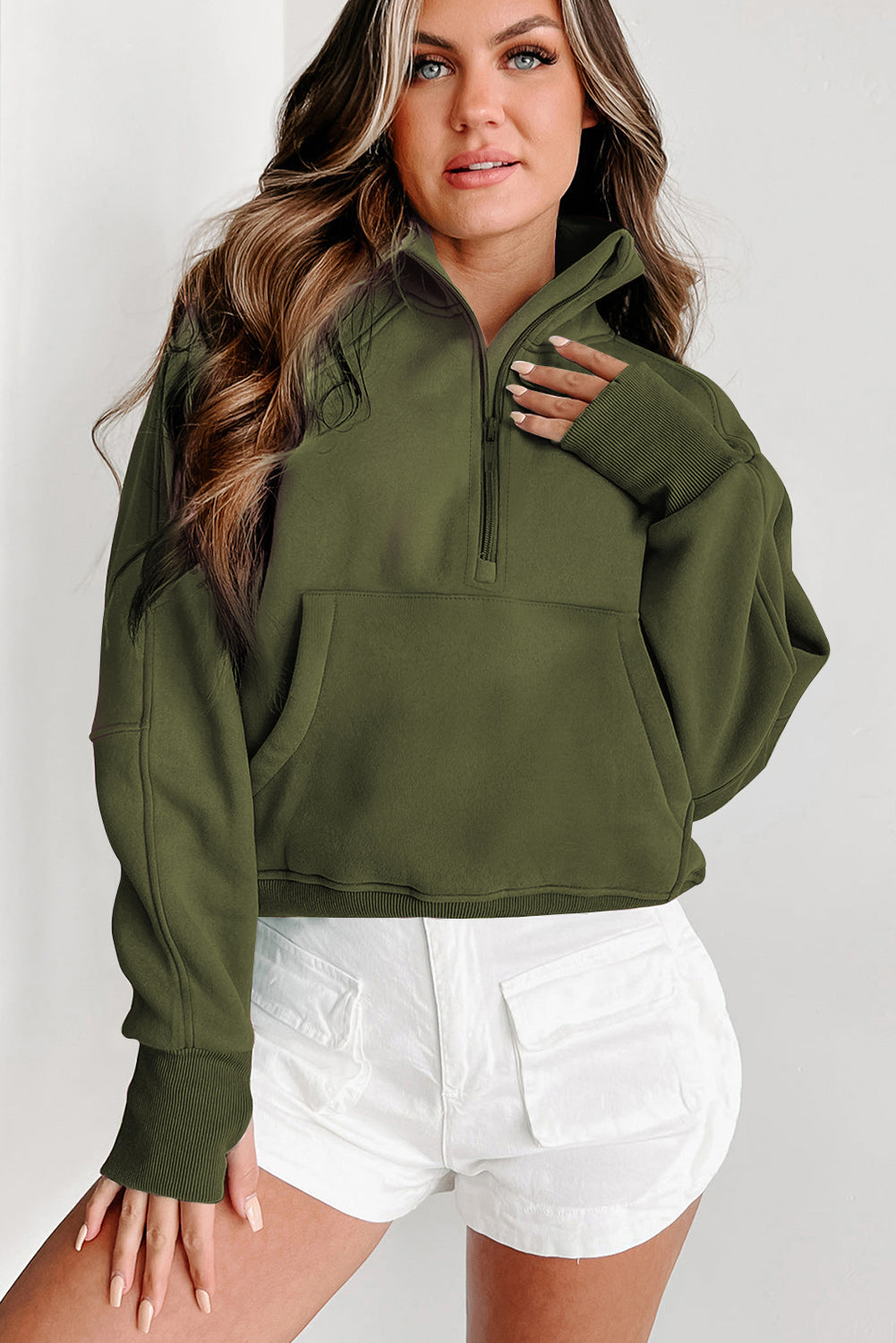 Gray Zip Up Stand Collar Ribbed Thumbhole Sleeve Sweatshirt-Chaelisa's New Jammies
