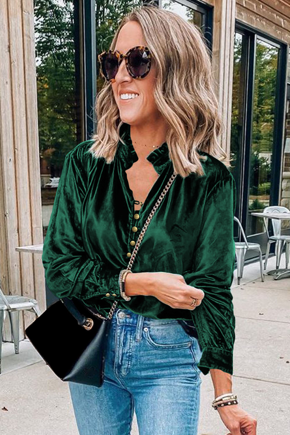Navy Blue Frilled Buttoned V Neck Velvet Blouse-Chaelisa's New Jammies