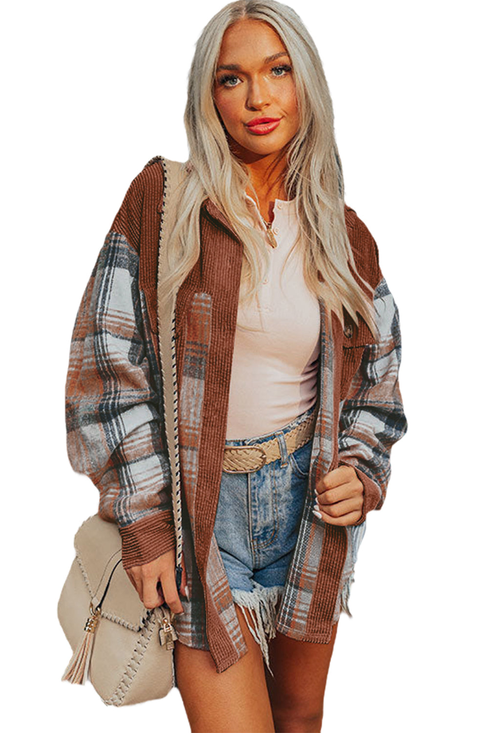 Light Pink Plaid Corduroy Patchwork Pocket Loose Shacket-Chaelisa's New Jammies