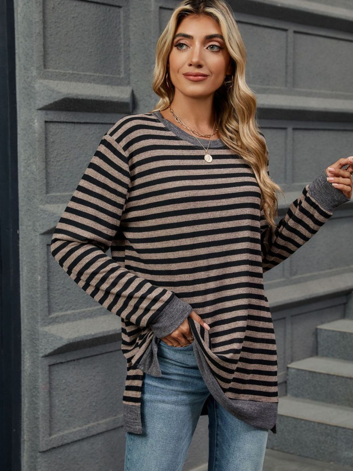 Striped Round Neck Long Sleeve T-Shirt-Chaelisa's New Jammies