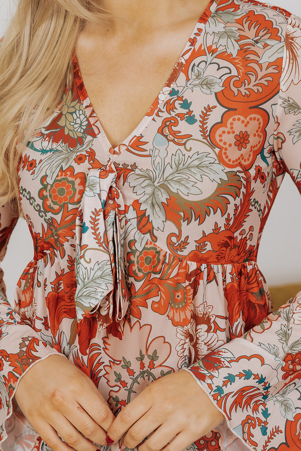 Orange Floral Print Deep V Neck Knot Bell Sleeve Blouse-Chaelisa's New Jammies