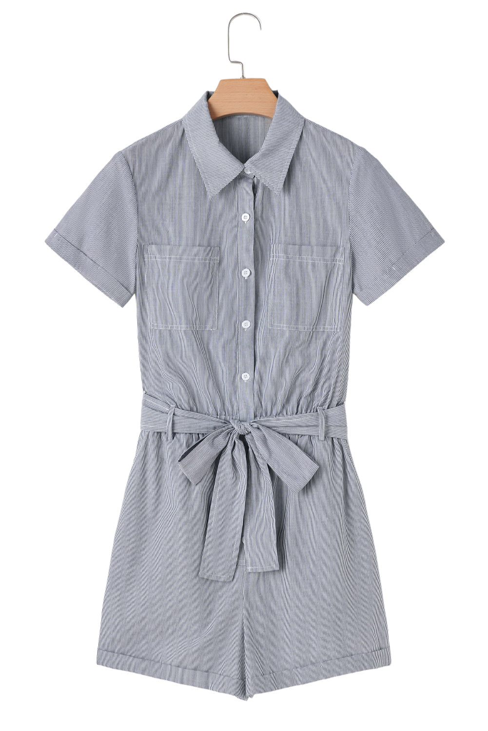 Blue Stripe Chest Pockets Buttoned Belted High Waist Romper-Chaelisa's New Jammies