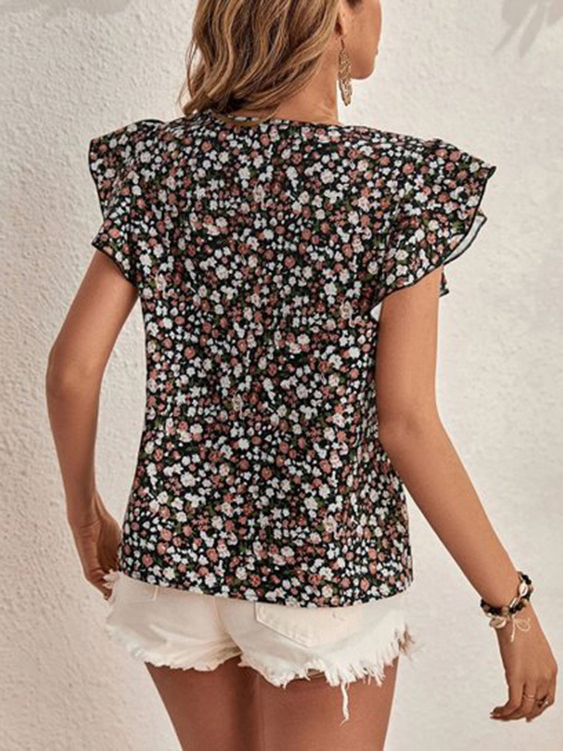 Ditsy Floral Round Neck Cap Sleeve Top-Chaelisa's New Jammies