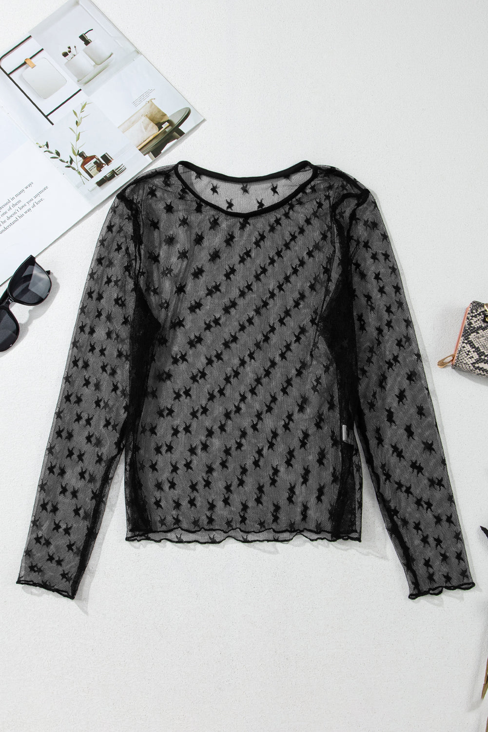 Black Star Print Mesh Sheer Slim Long Sleeve Top-Chaelisa's New Jammies
