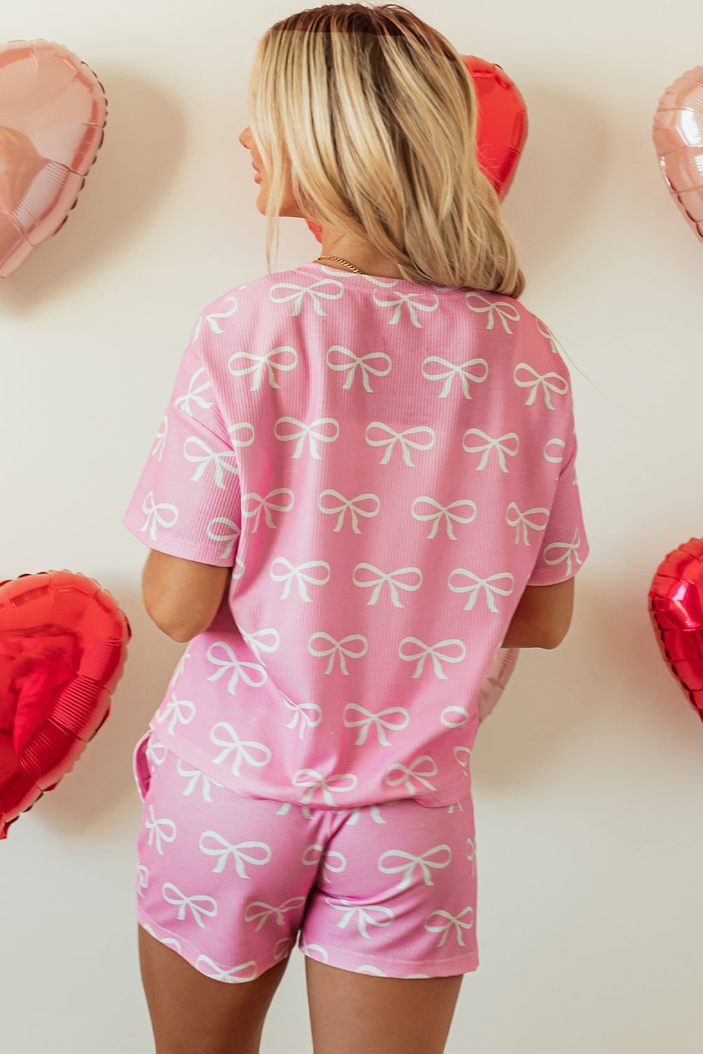Pink Waffle Knit Bowknot Printed V Neck T Shirt and Shorts Set-Chaelisa's New Jammies