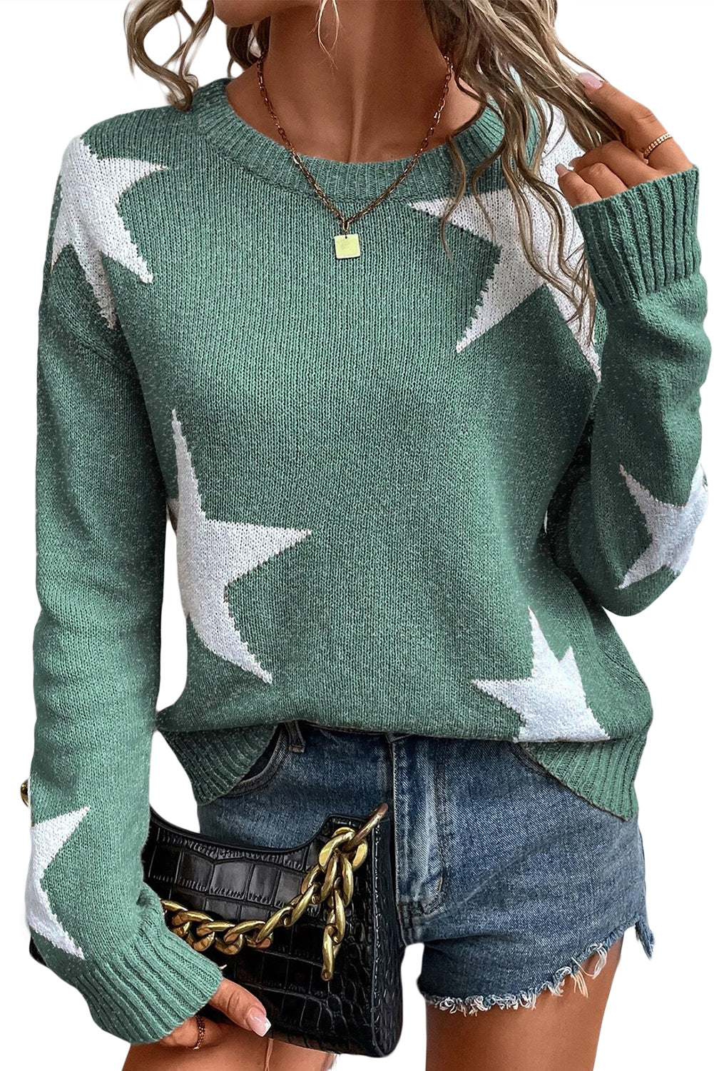 Khaki Star Pattern Drop Shoulder Knit Sweater-Chaelisa's New Jammies