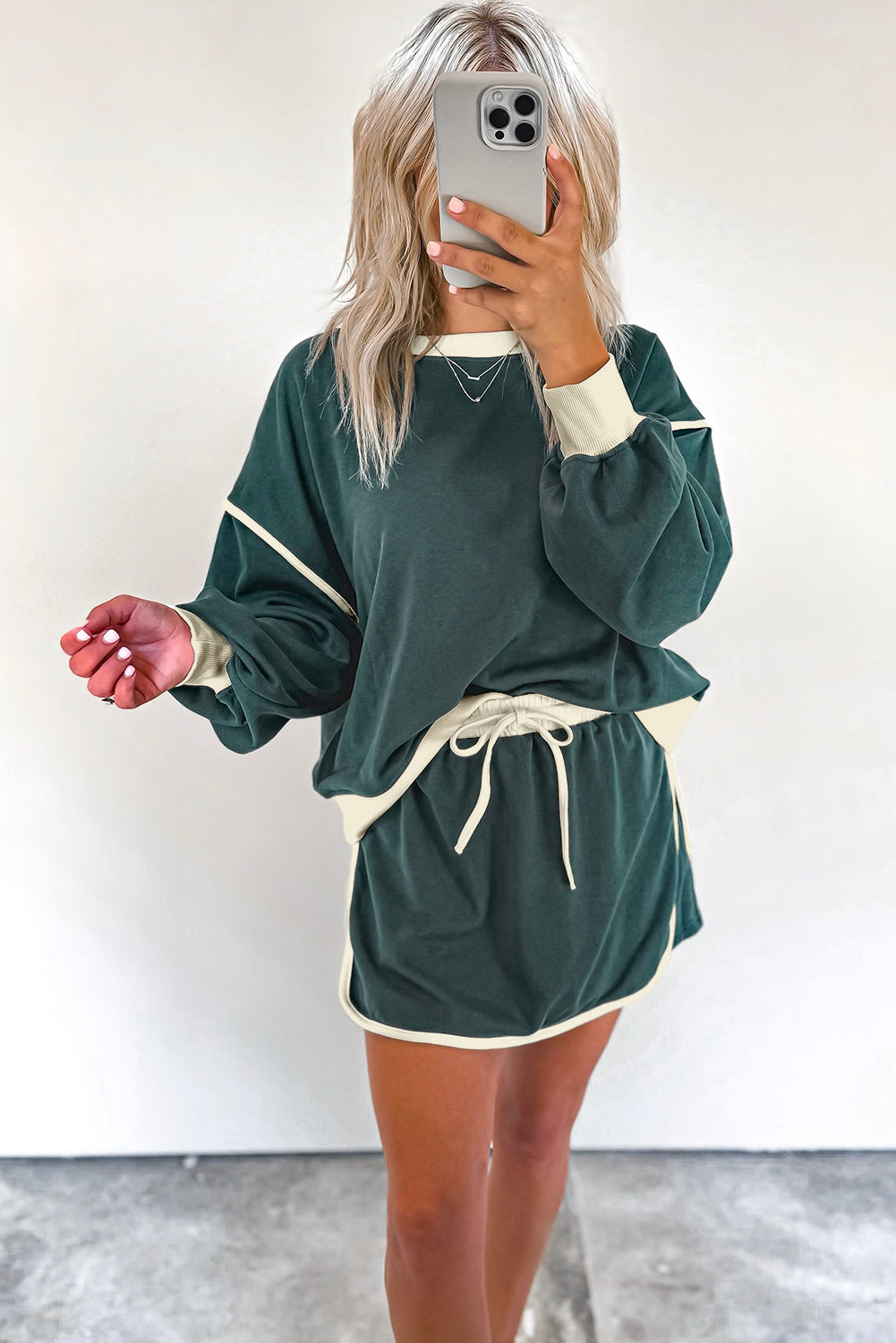 Evergreen Color Contrast Loose Pullover and Lace-up Waist Skort Set-Chaelisa's New Jammies
