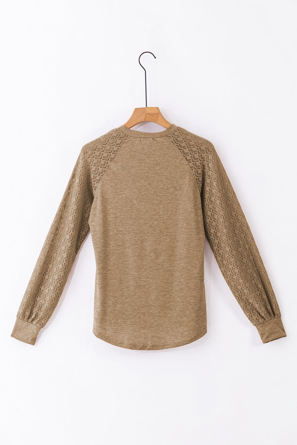 Light French Beige Contrast Lace Raglan Sleeve Plicate Round Neck Top-Chaelisa's New Jammies