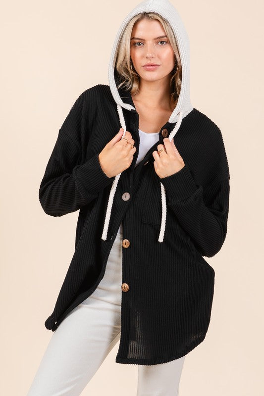 BOMBOM Textured Button Down Drawstring Hooded Shacket-Chaelisa's New Jammies