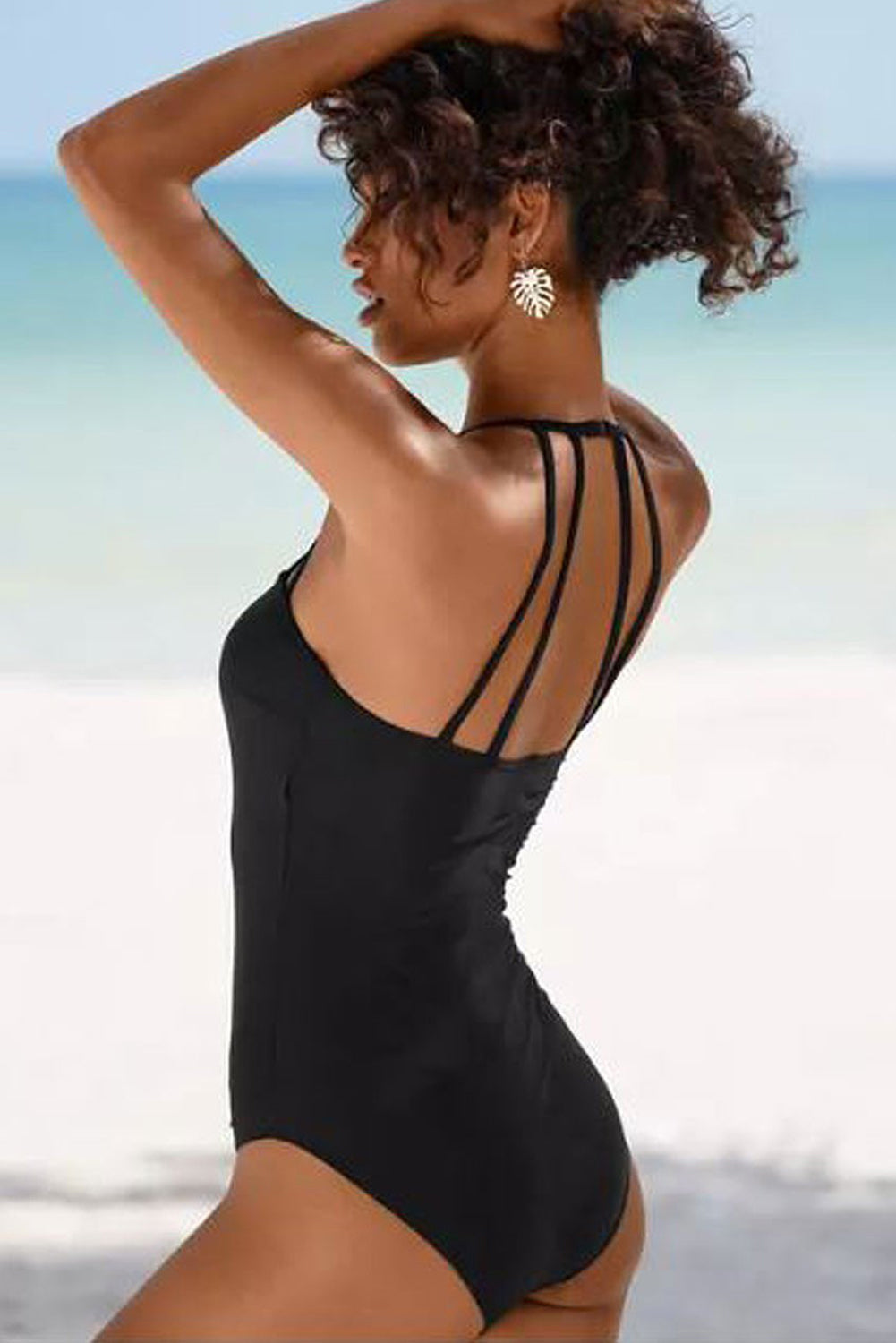 Black Sleeveless Strappy Halter Neck Sexy One Piece Swimsuit-Chaelisa's New Jammies