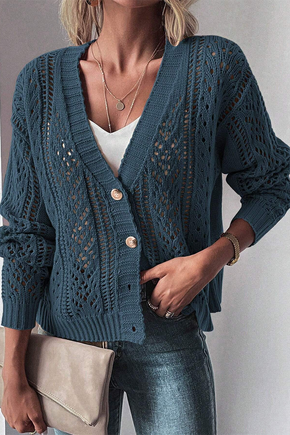 Dark Khaki Hollow Knit Drop Shoulder Cardigan-Chaelisa's New Jammies