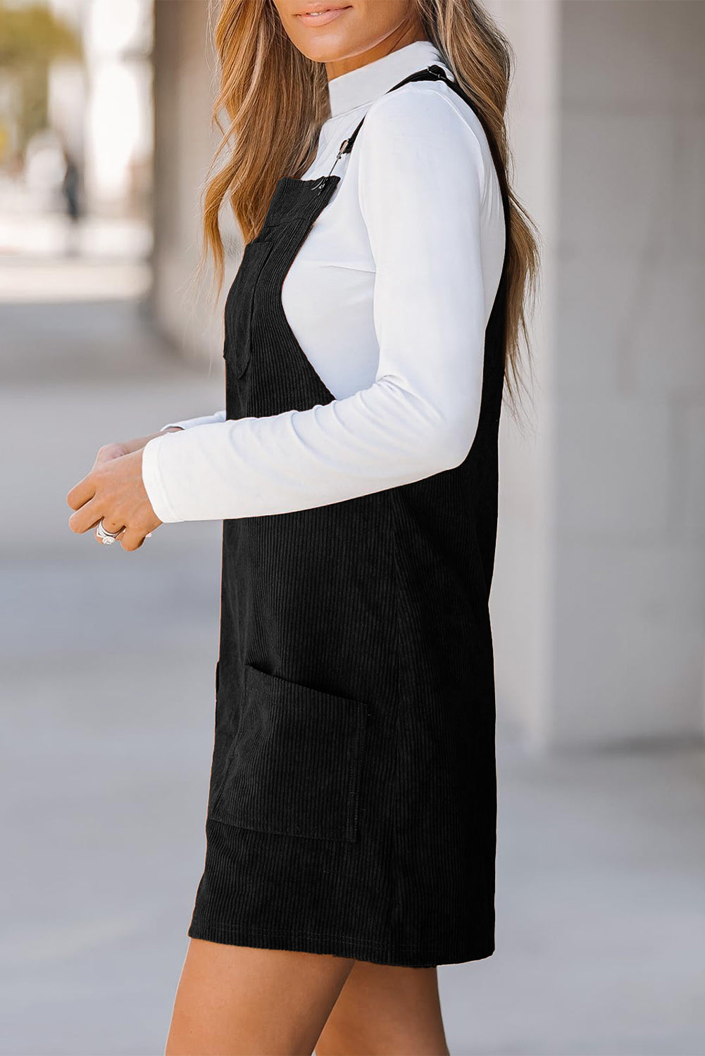 Black Solid Front Pockets Sleeveless Corduroy Overall Dress-Chaelisa's New Jammies
