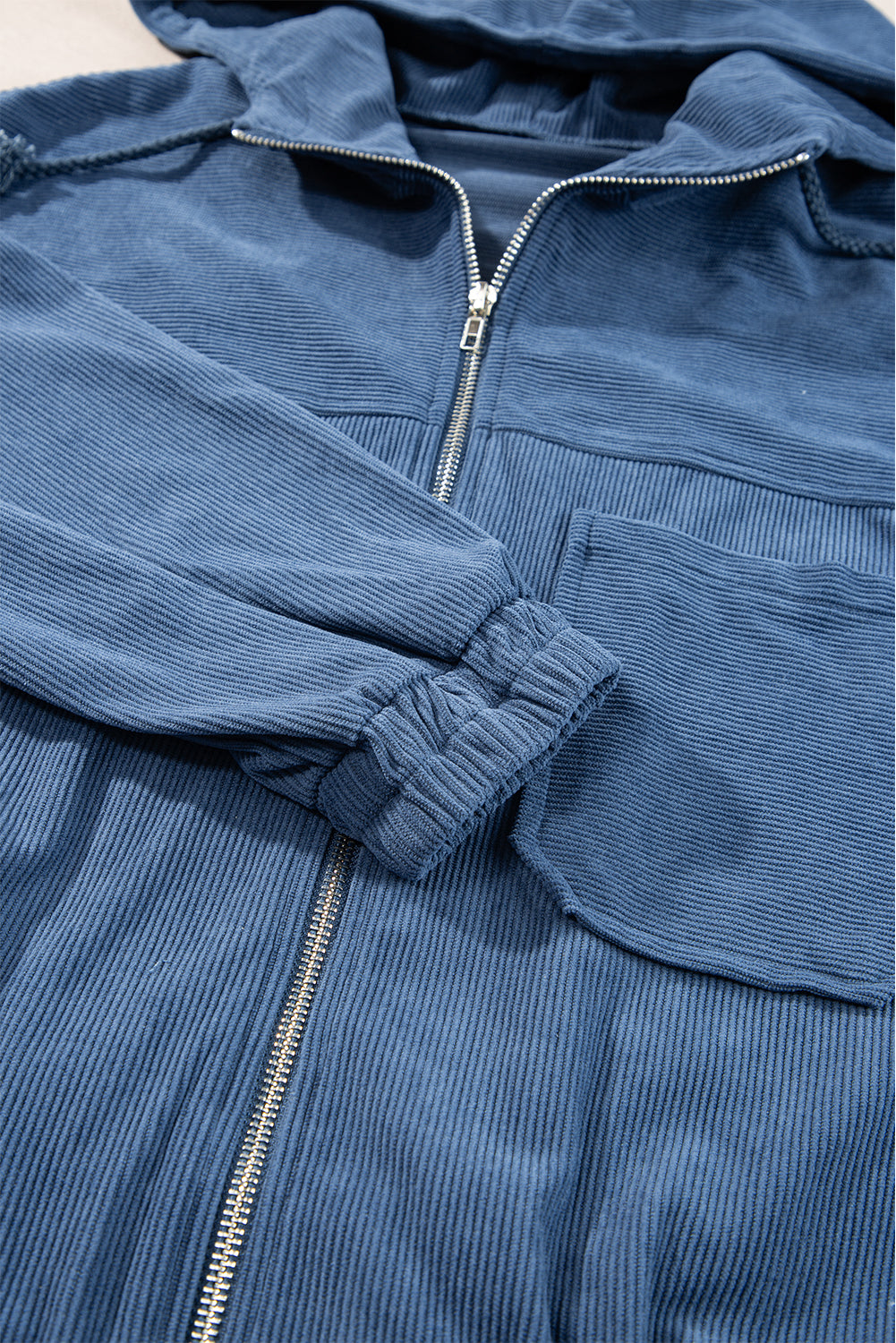 Real Teal Corduroy Drawstring Hooded Pocket Zip Up Jacket-Chaelisa's New Jammies