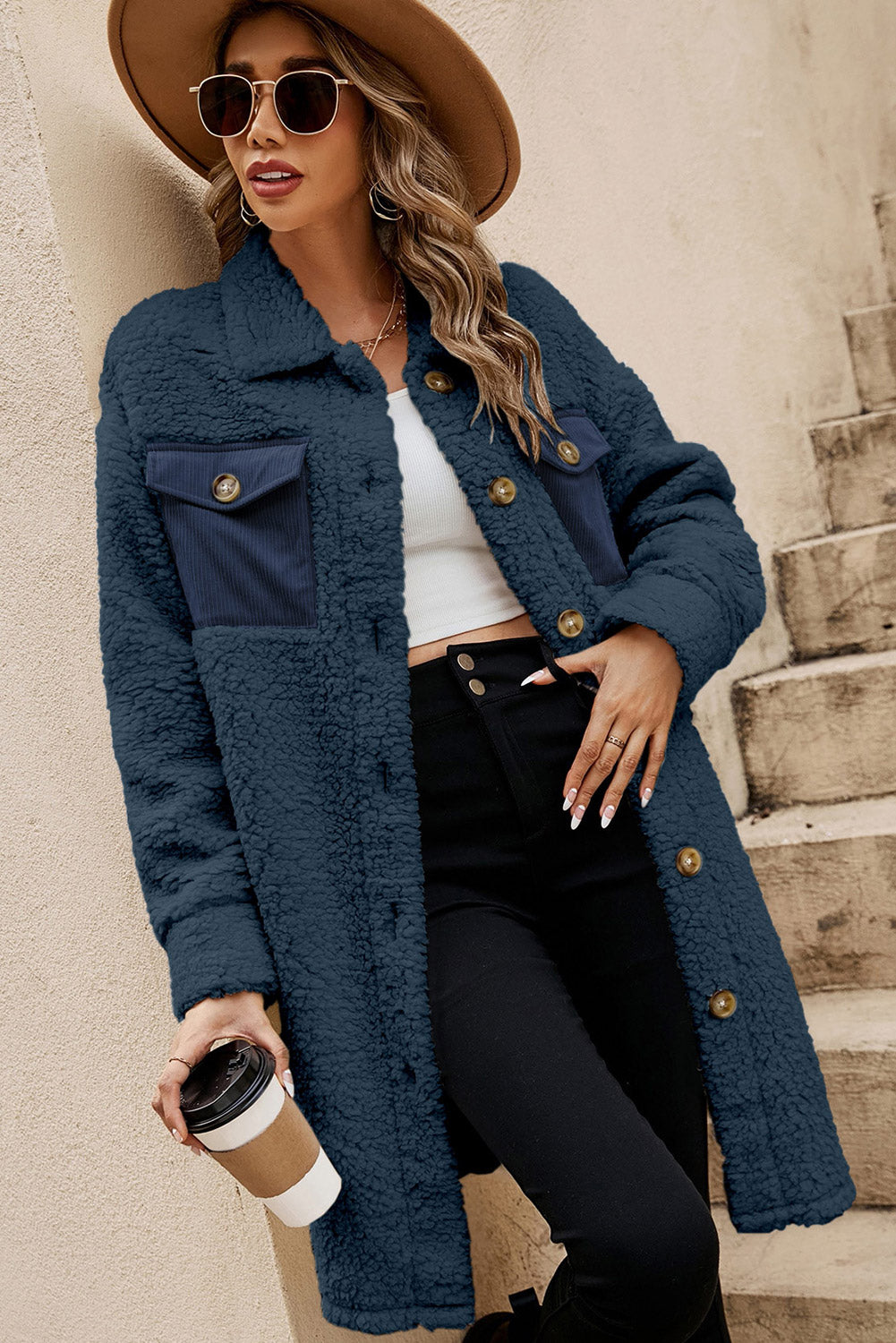 Blue Contrast Flap Pocket Single Breasted Teddy Coat-Chaelisa's New Jammies