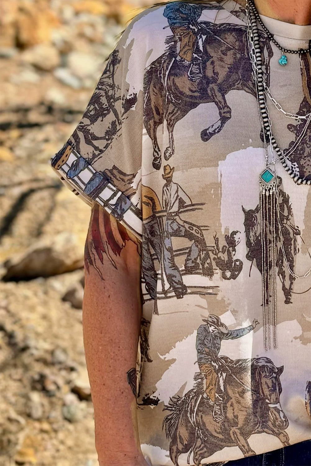 Khaki Western Cowboy Print Cuffed Sleeve Crewneck T Shirt-Chaelisa's New Jammies