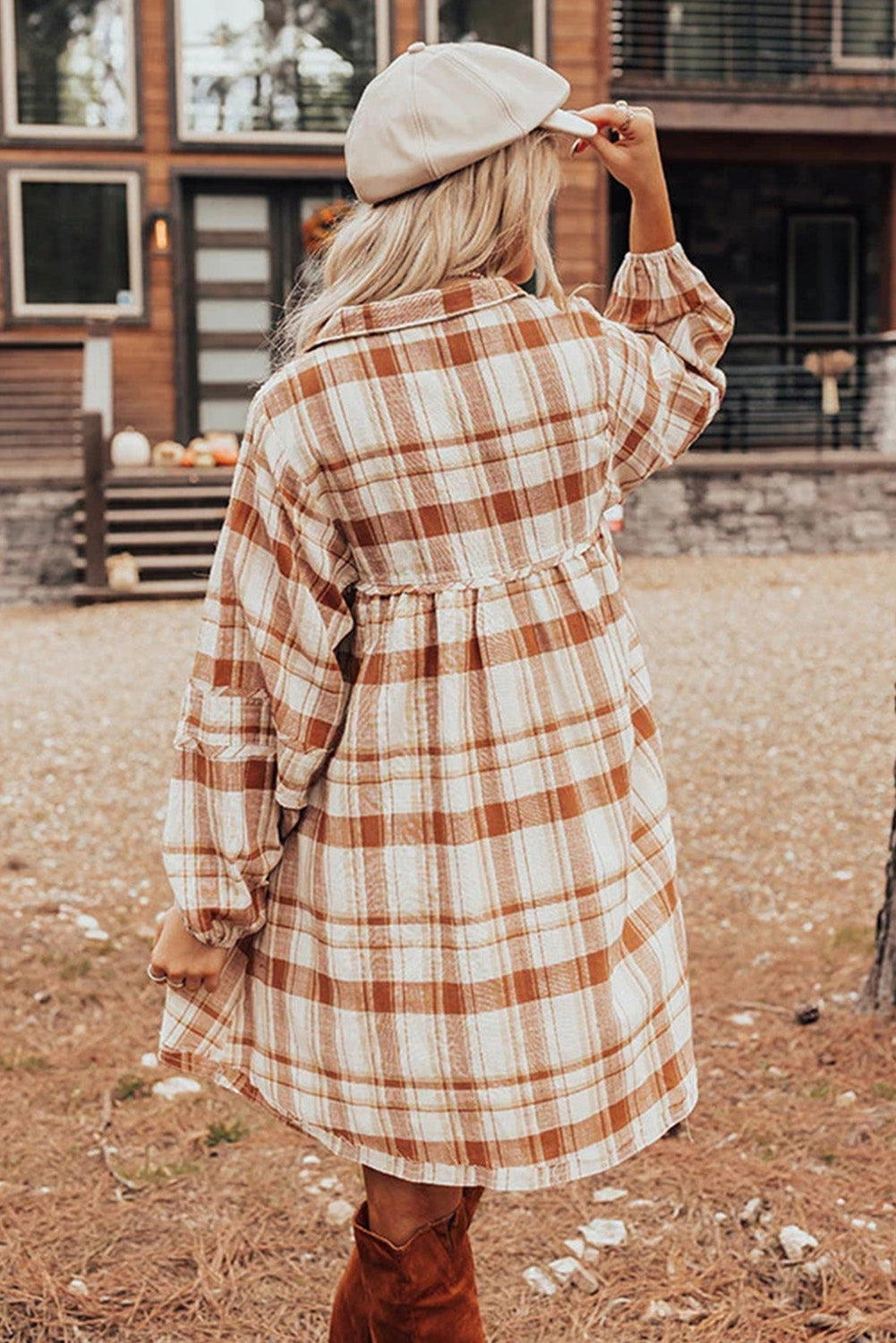 Brown Plaid Print Side Pockets Frilled Babydoll Mini Dress-Chaelisa's New Jammies