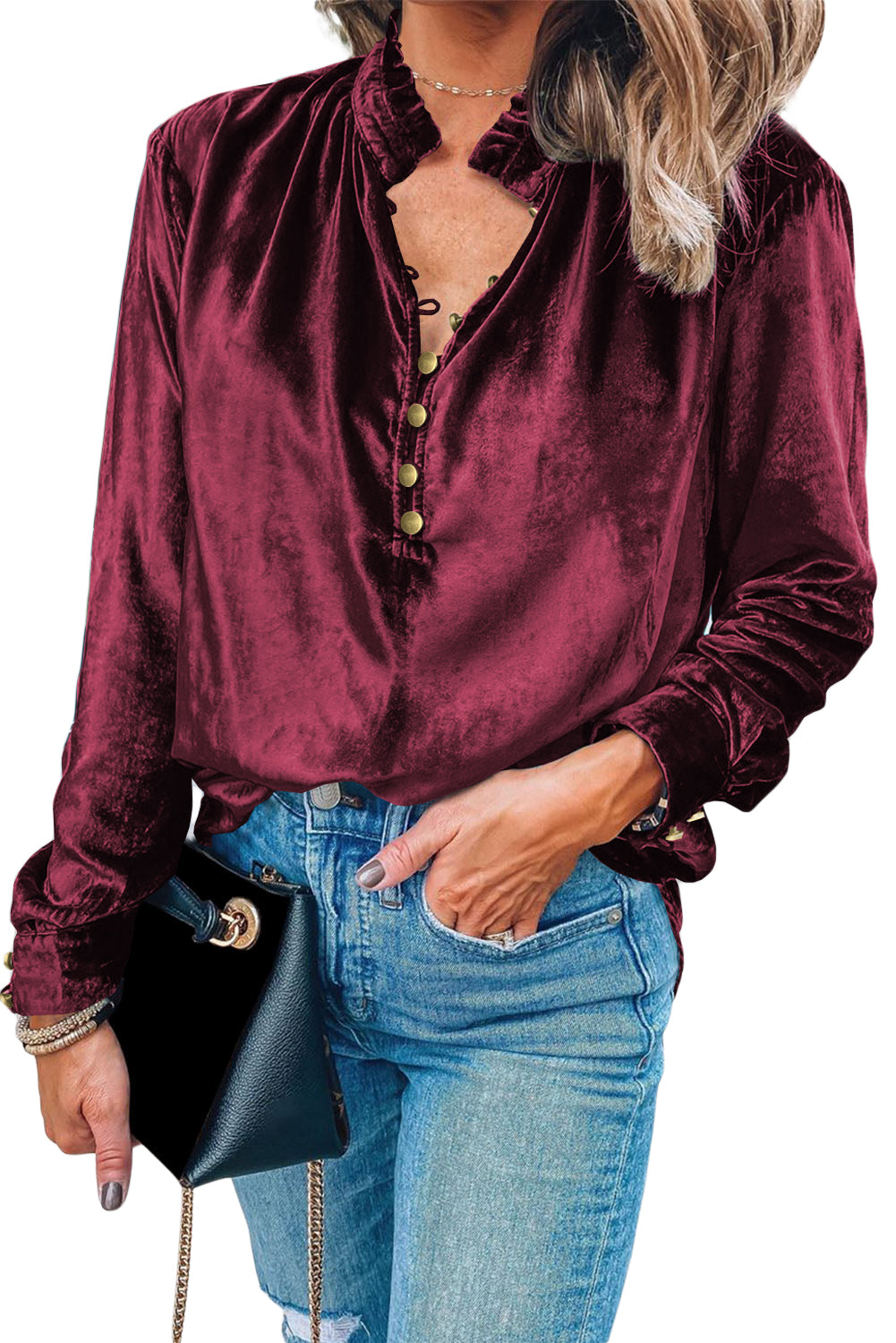 Navy Blue Frilled Buttoned V Neck Velvet Blouse-Chaelisa's New Jammies