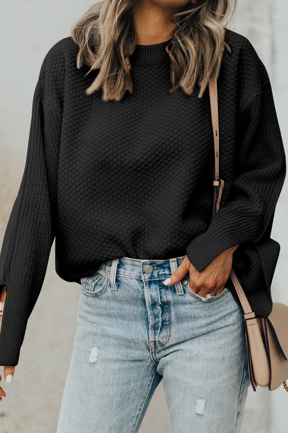 Parchment Solid Textured Knit Split Cuff Drop Shoulder Sweater-Chaelisa's New Jammies