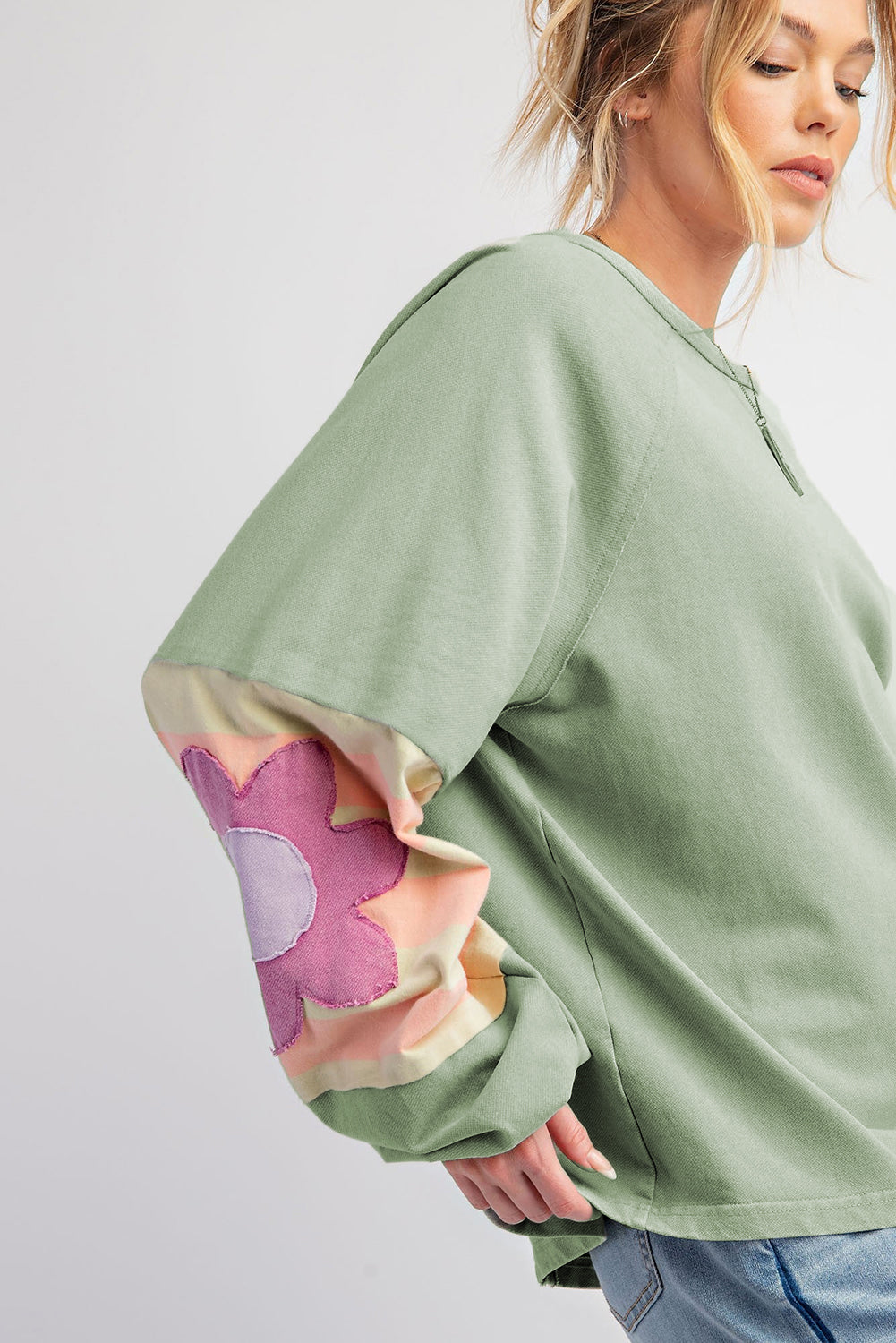Smoke Green Flower Patchwork Raglan Sleeve Exposed Seam Oversized Top-Chaelisa's New Jammies