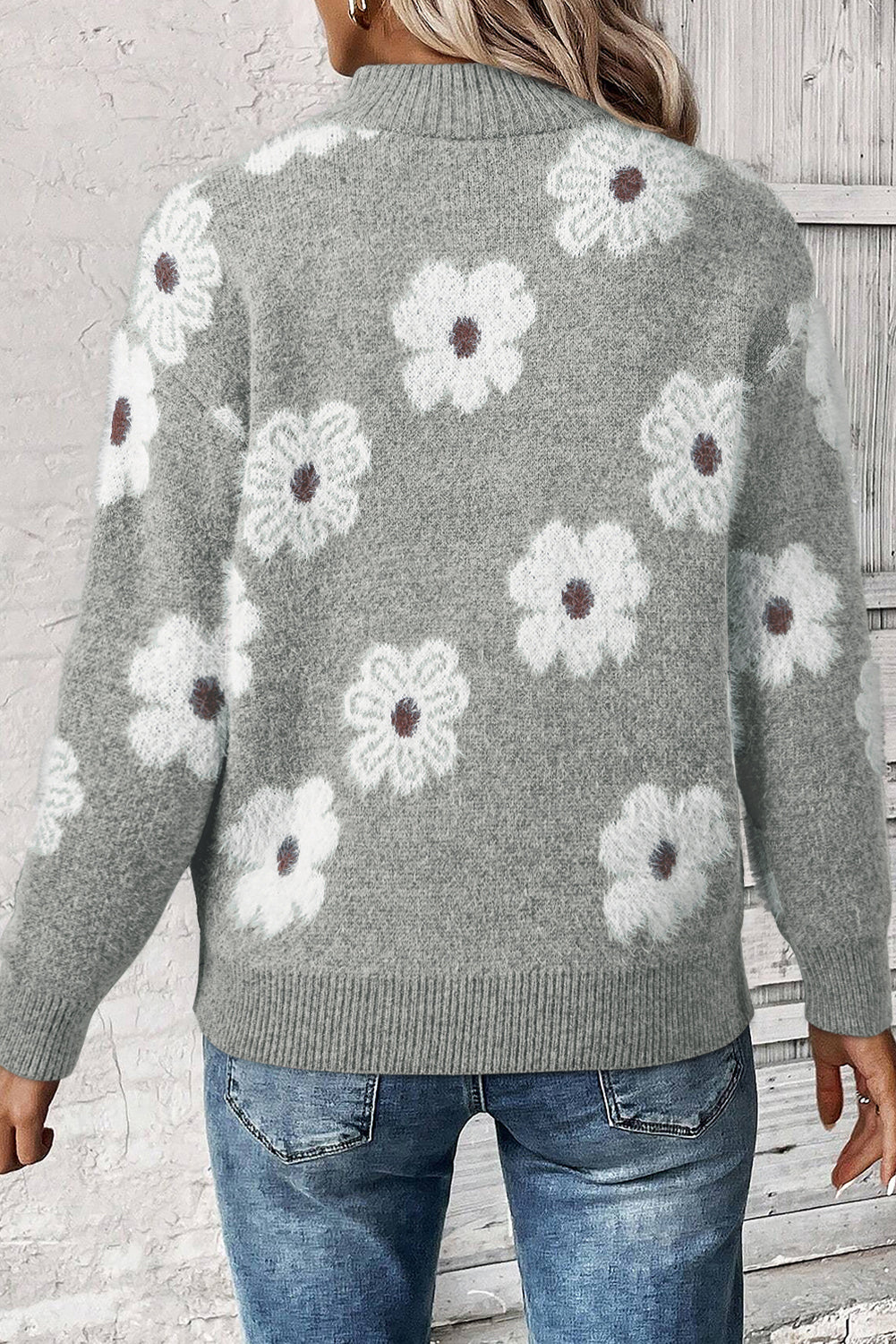 Gray Floral Pattern Half Zip Drop Shoulder Sweater-Chaelisa's New Jammies