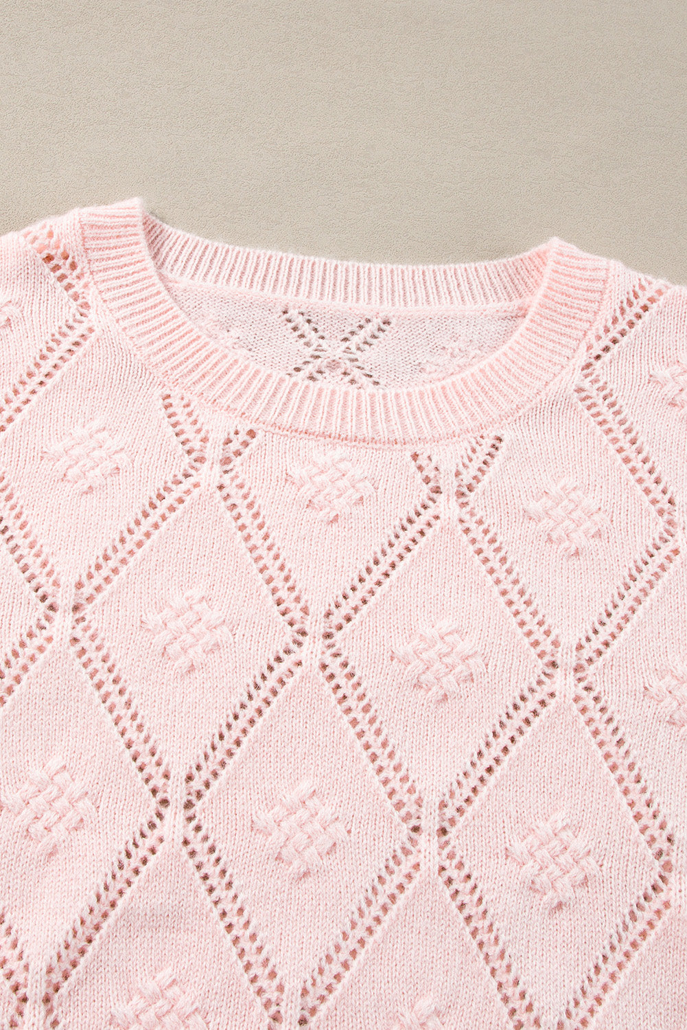 Gossamer Pink Openwork Plaid Puff Sleeve Cropped Sweater-Chaelisa's New Jammies