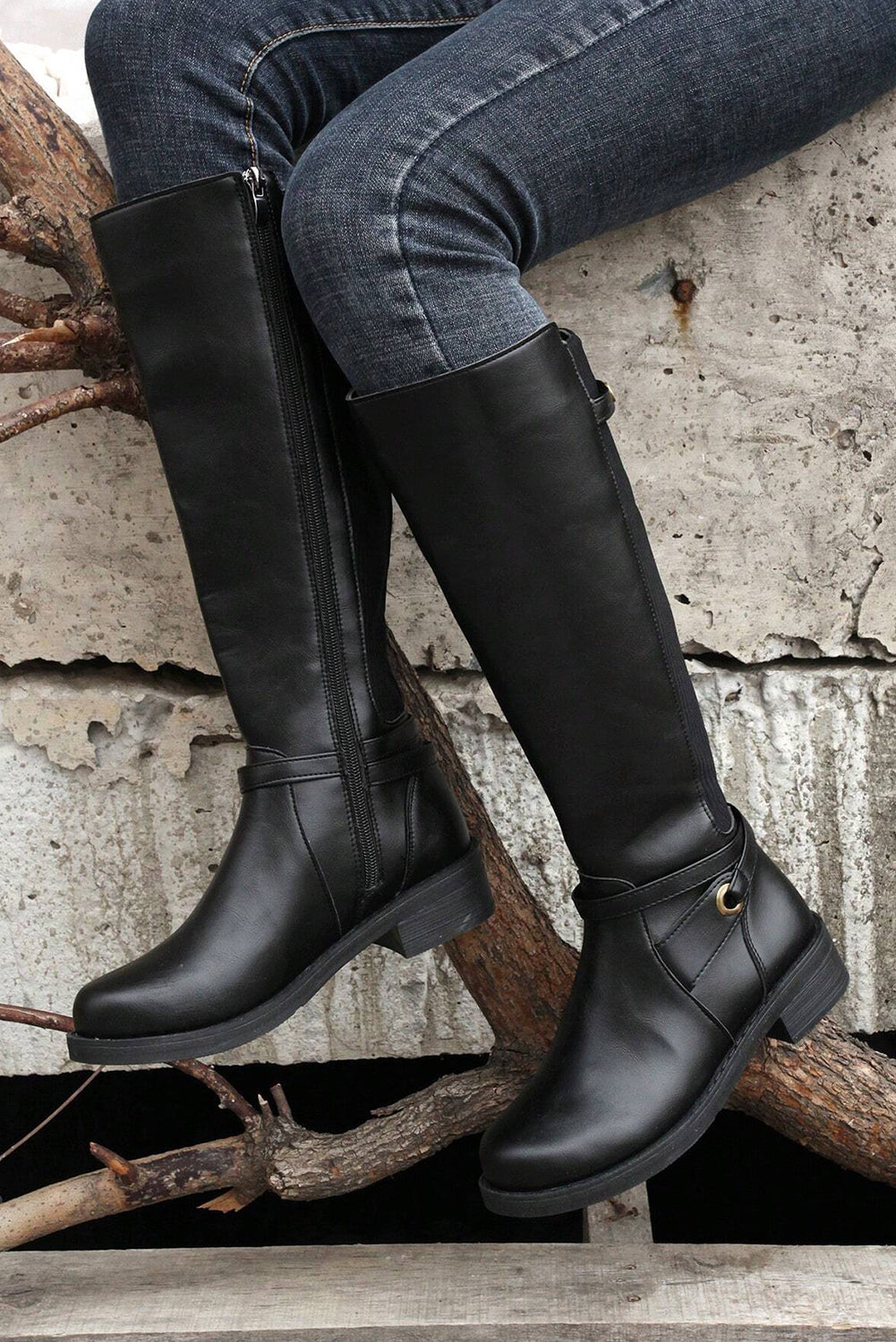 Black Side Zipper Knee High Chunky Low Heel Boots-Chaelisa's New Jammies