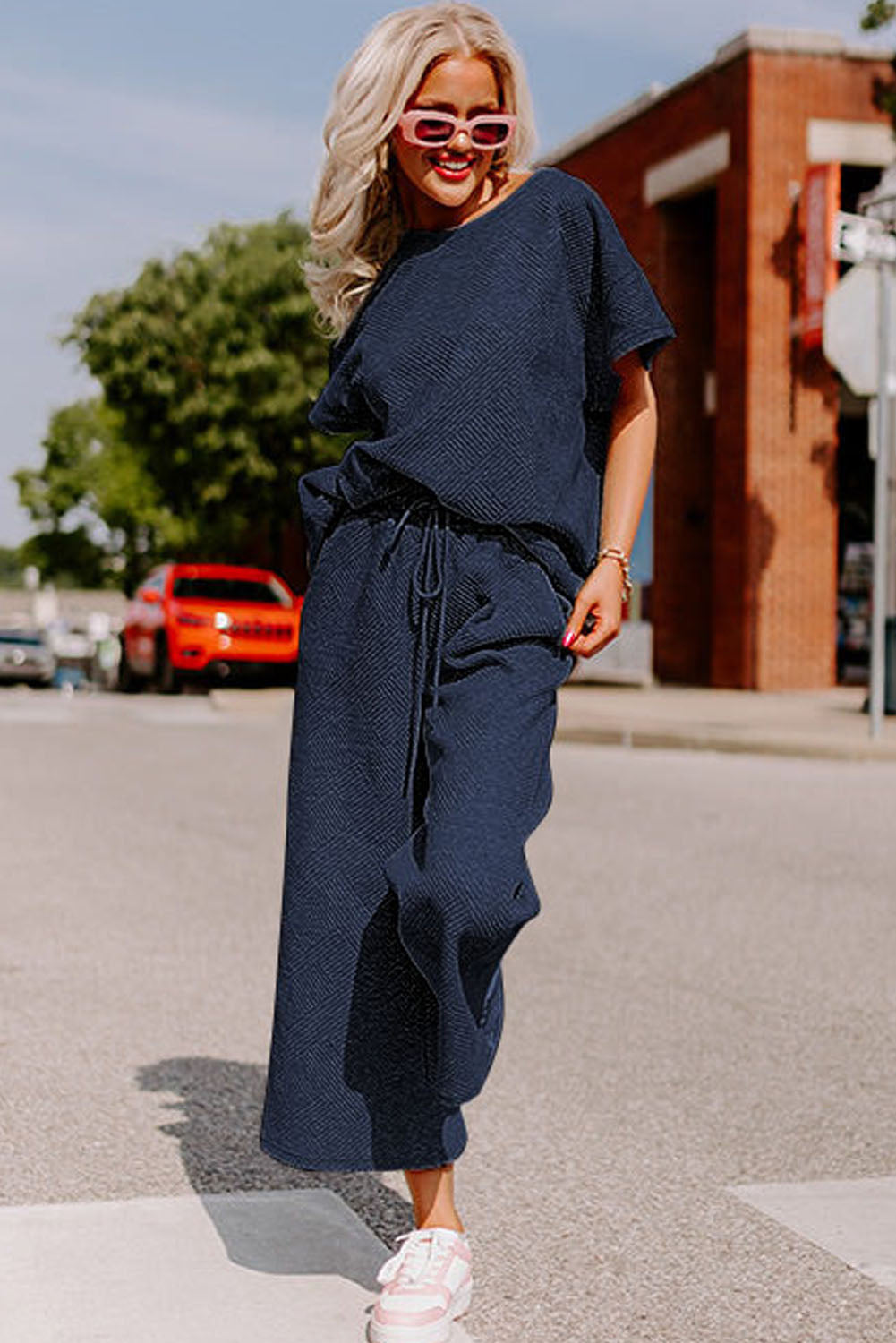 Navy Blue Textured Loose Fit T Shirt and Drawstring Pants Set-Chaelisa's New Jammies