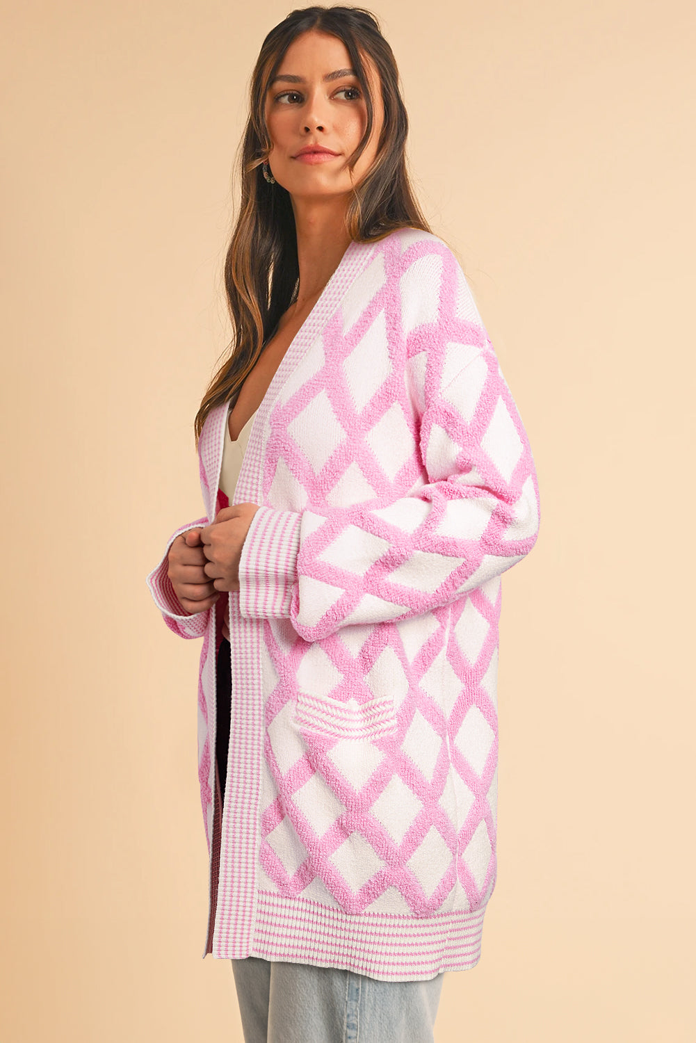 Pink Rhombus Pattern Knit Open Front Pocketed Cardigans-Chaelisa's New Jammies