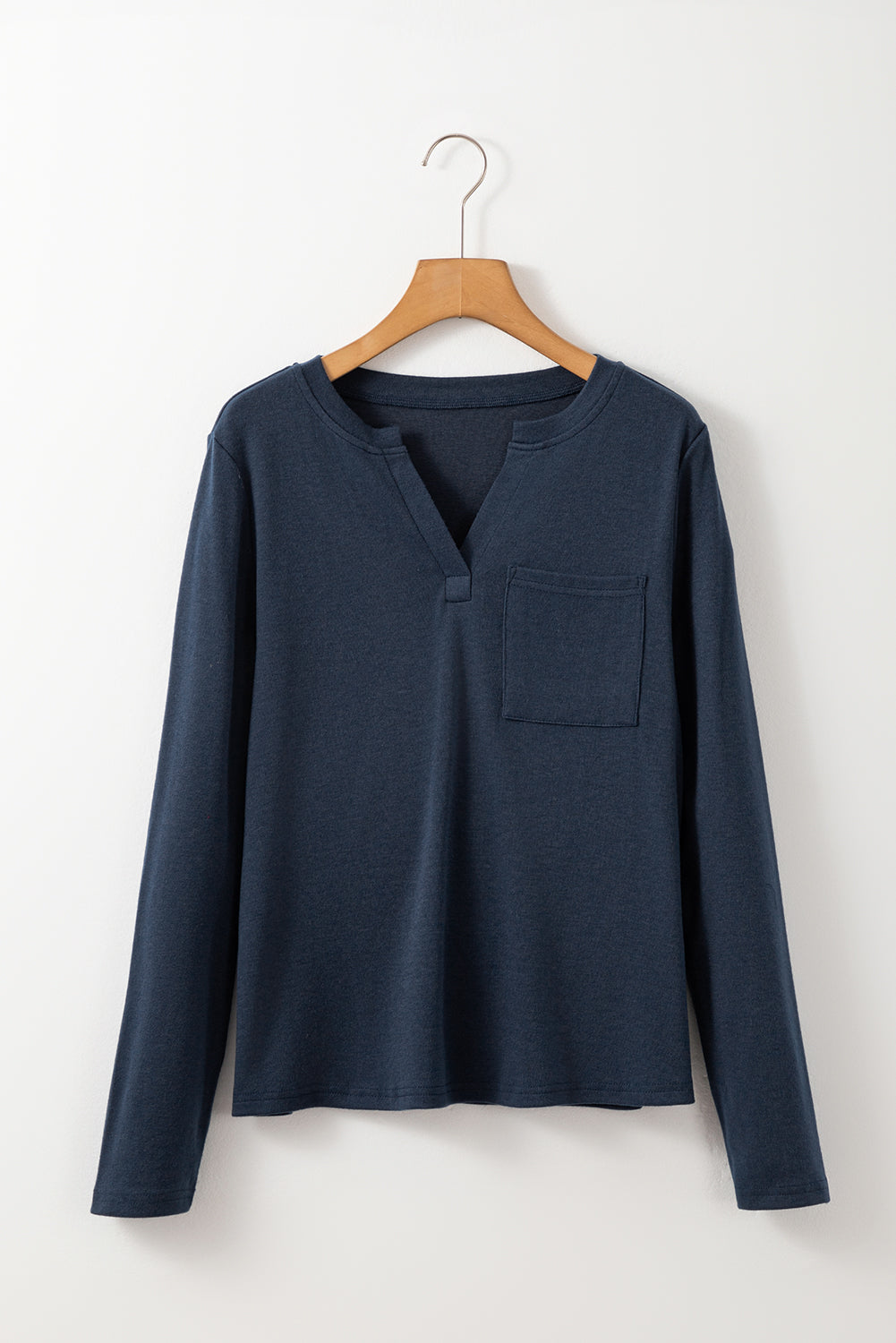 Dirty blue Notch V Neck Pocket Patched Long Sleeve T Shirt-Chaelisa's New Jammies