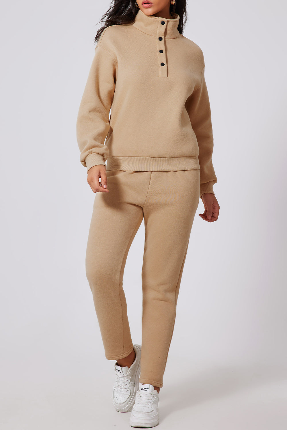 Parchment Solid Half Button Sweatshirt and High Waist Sweatpants Set-Chaelisa's New Jammies