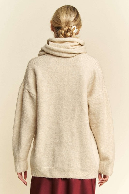 Davi & Dani V-Neck Dropped Shoulder Sweater with Scarf-Chaelisa's New Jammies