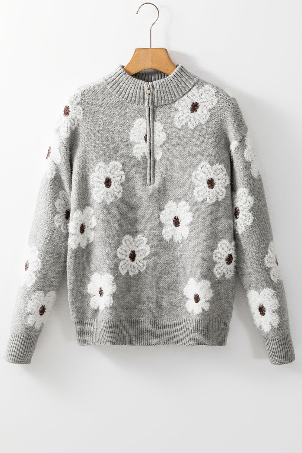 Gray Floral Pattern Half Zip Drop Shoulder Sweater-Chaelisa's New Jammies