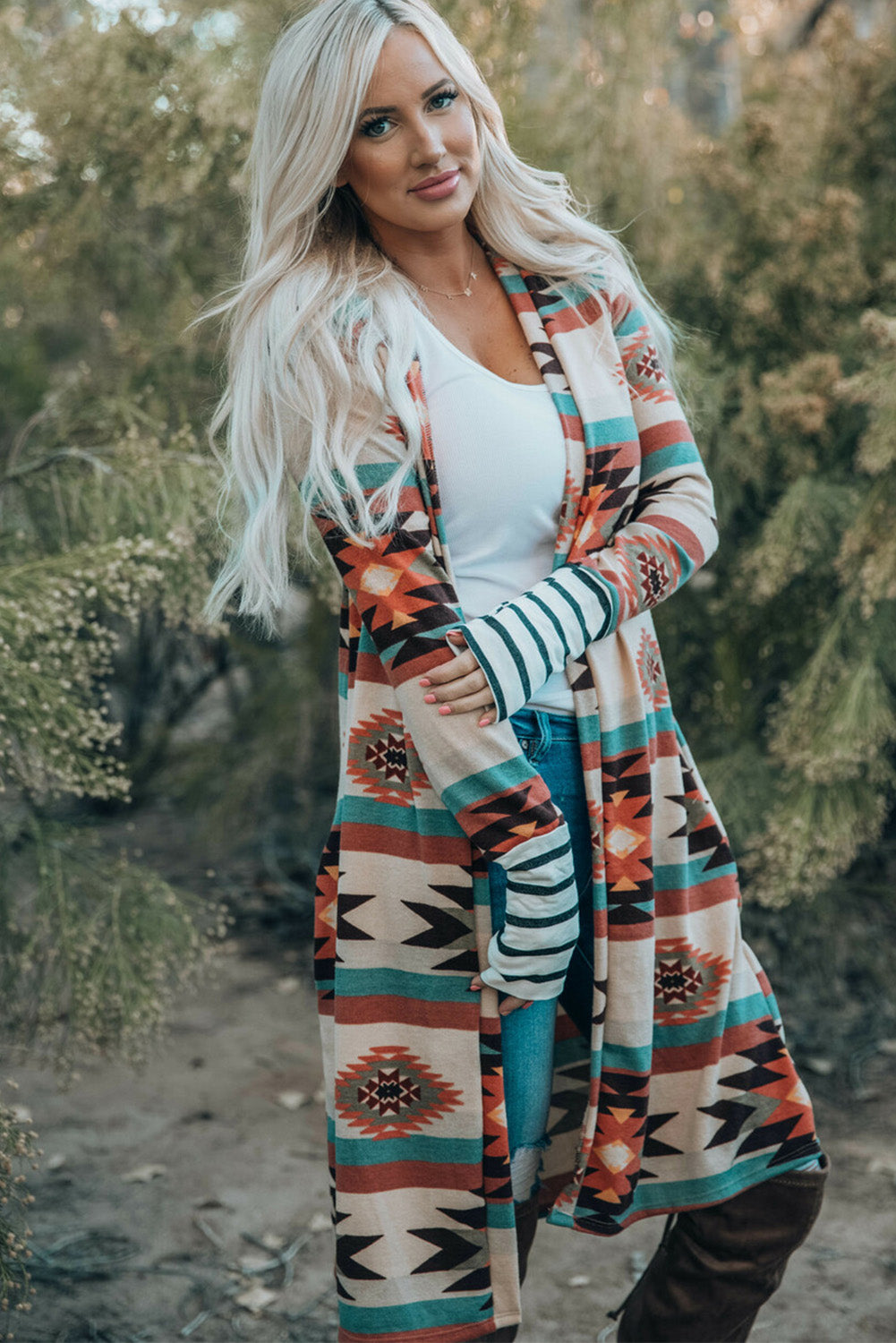 Multicolor Geometric Color Block Open Front Long Cardigan-Chaelisa's New Jammies