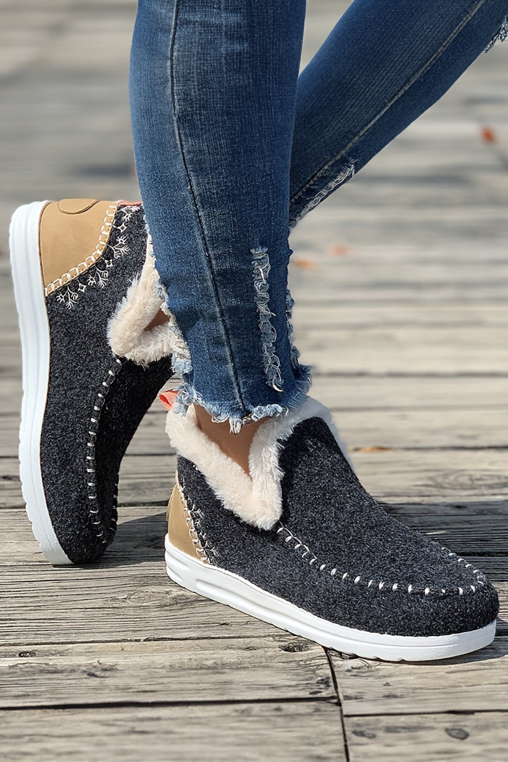 Carbon Grey Suede Stitching Patchwork Plush Lined Anklet Boots-Chaelisa's New Jammies