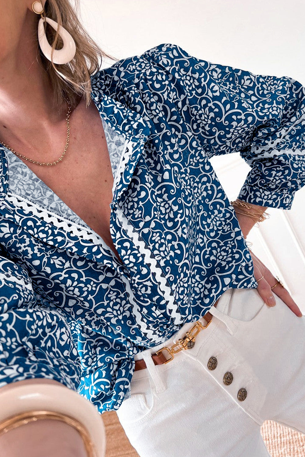 Blue Floral Ric-rac Patchwork Button Loose Fit Shirt-Chaelisa's New Jammies