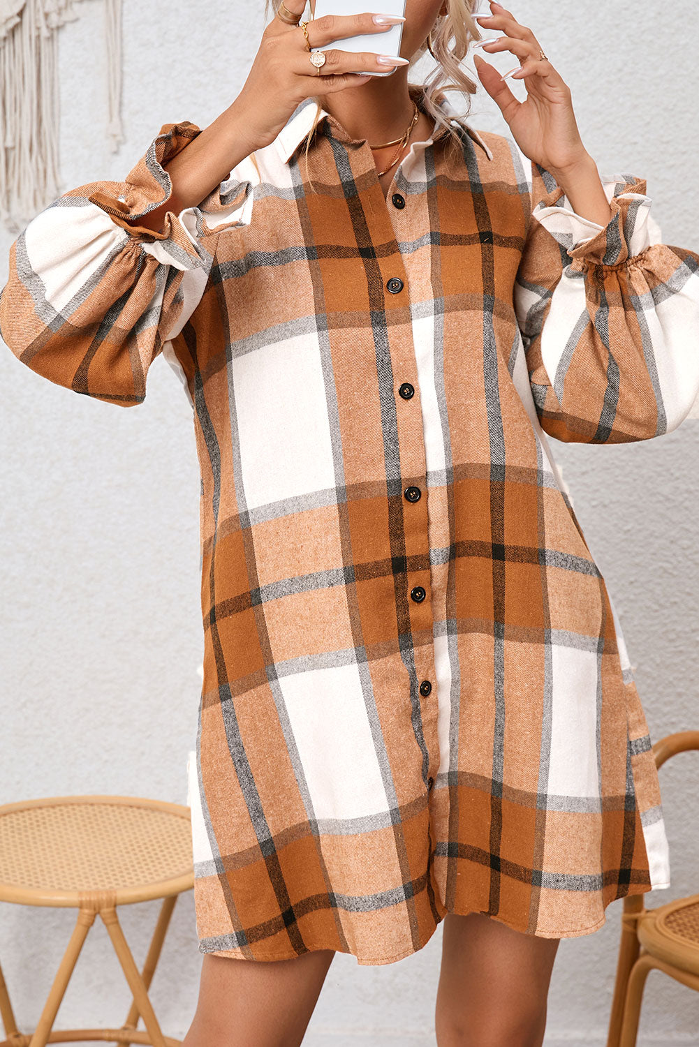Khaki Plaid Pattern Collared Neck Ruffled Sleeve Shirt Dress-Chaelisa's New Jammies