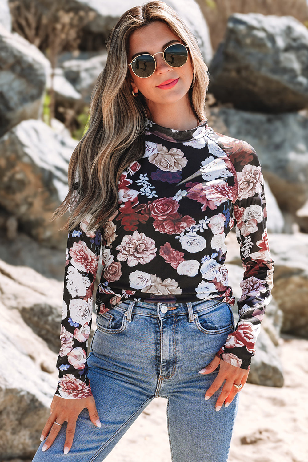 Pink Mesh Floral Print Mock Neck Long Sleeve Slim Top-Chaelisa's New Jammies