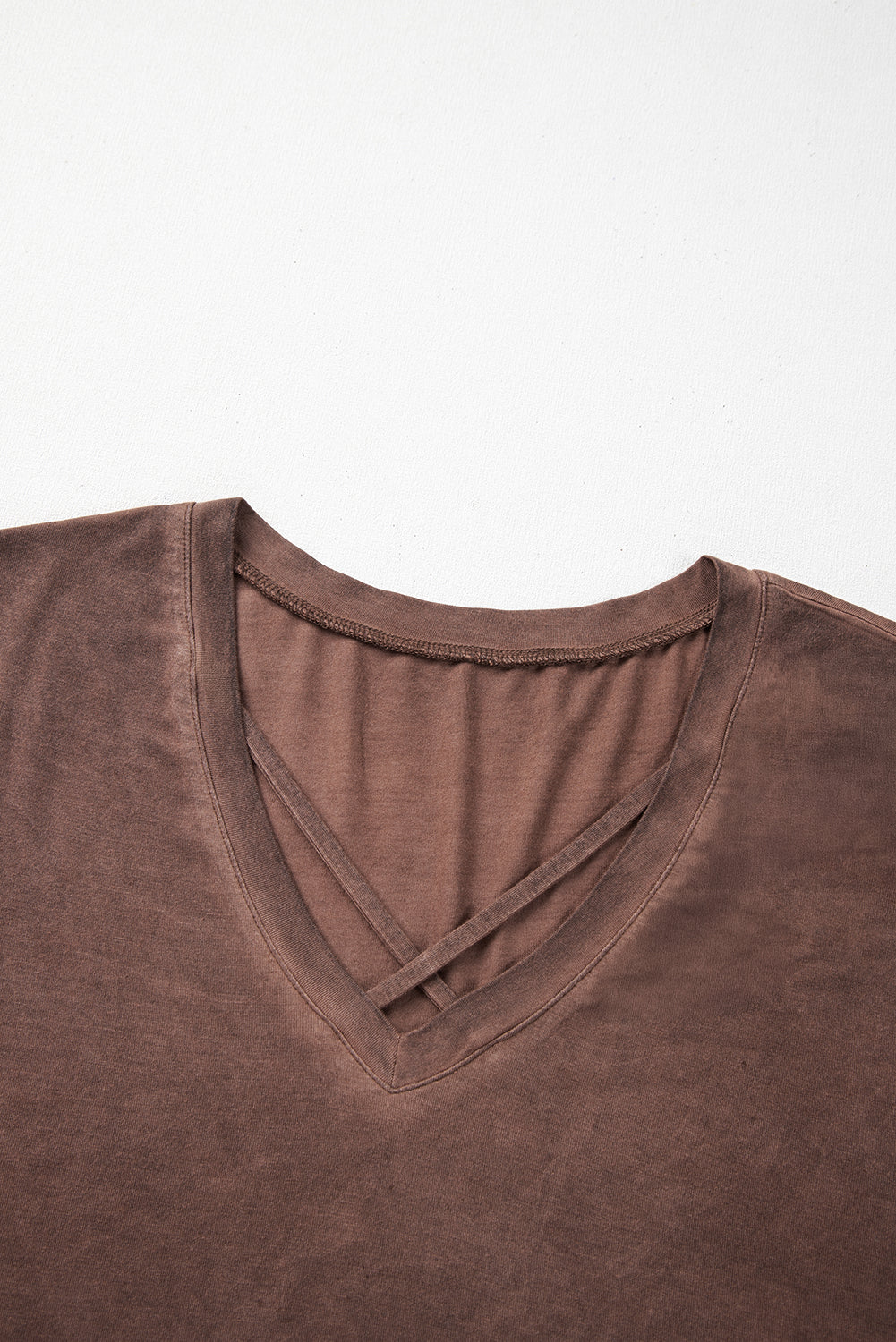 Chestnut Mineral Wash Criss Cross V Neck Casual T Shirt-Chaelisa's New Jammies