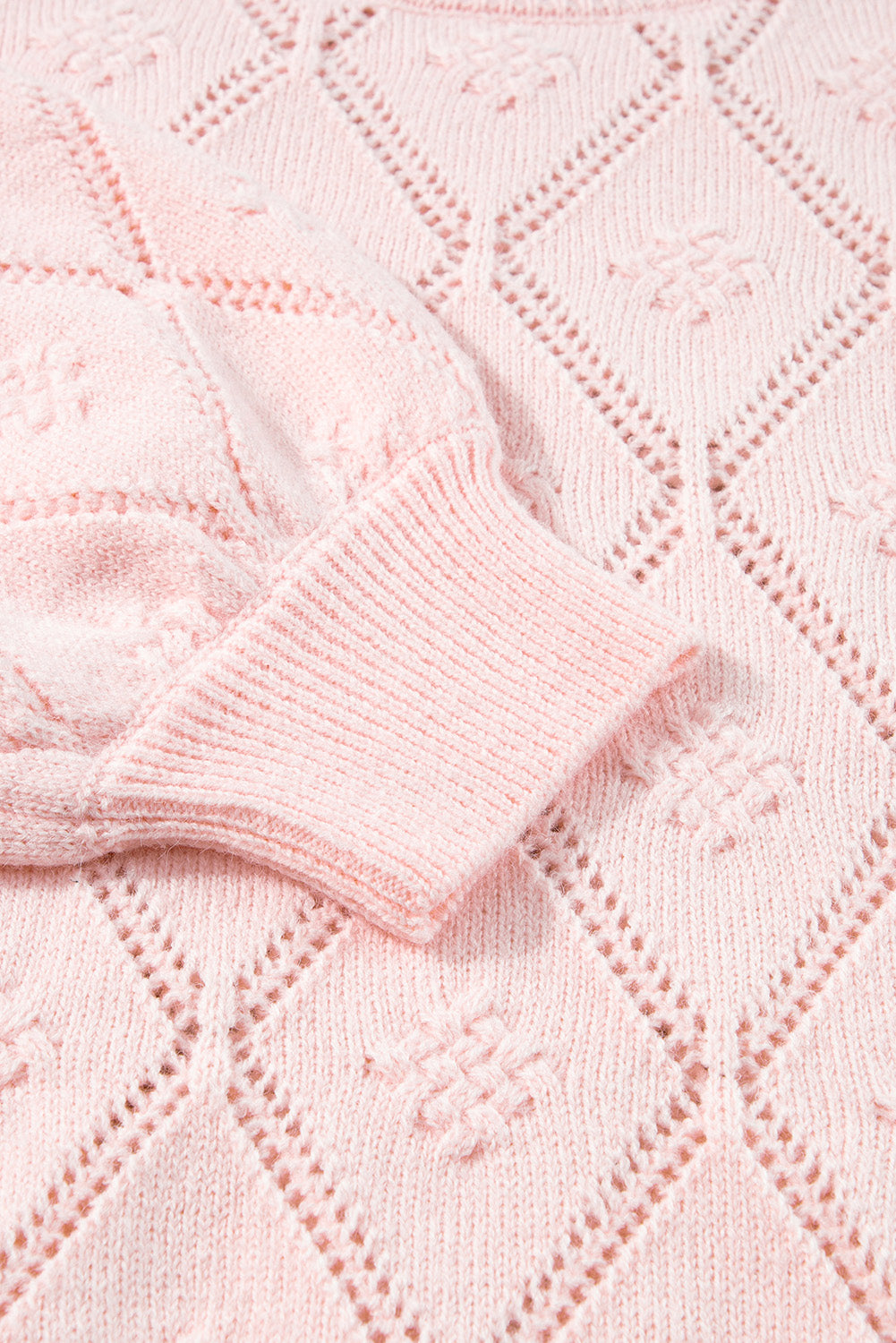 Gossamer Pink Openwork Plaid Puff Sleeve Cropped Sweater-Chaelisa's New Jammies