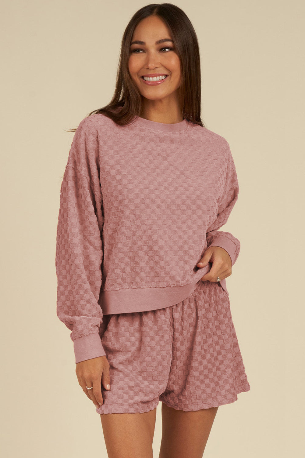 Blossom Checkered Textured Long Sleeve Top and Shorts Set-Chaelisa's New Jammies