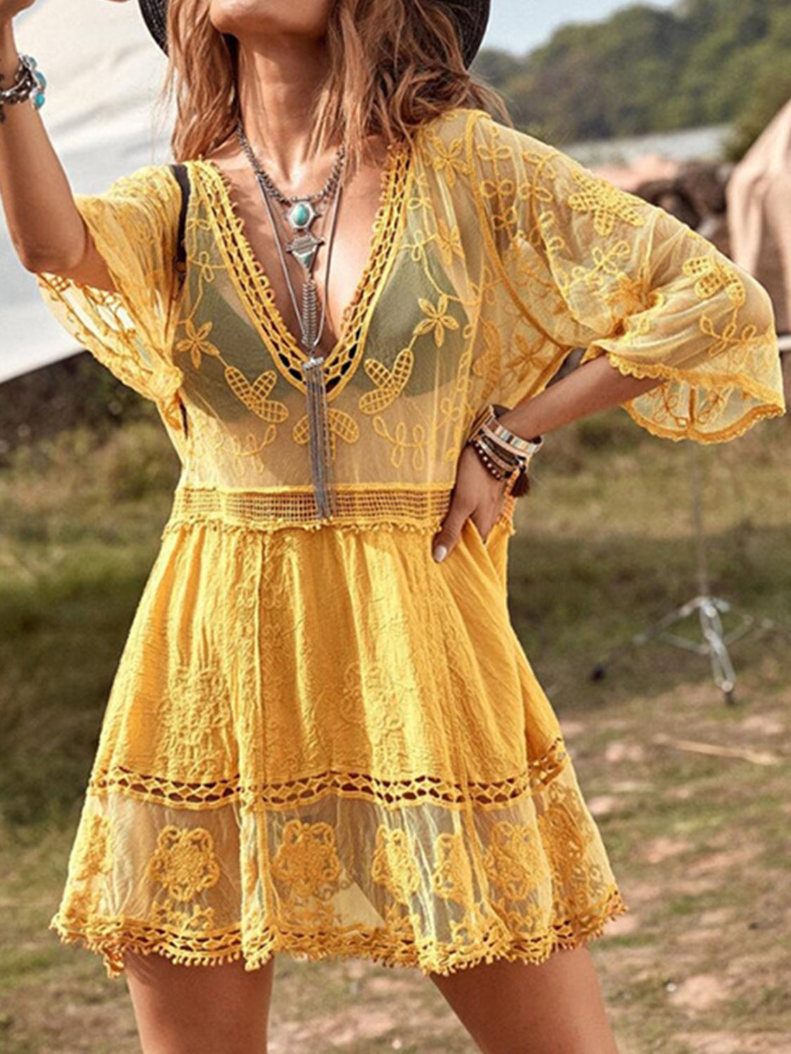 Lace Detail Plunge Cover-Up Dress-Chaelisa's New Jammies