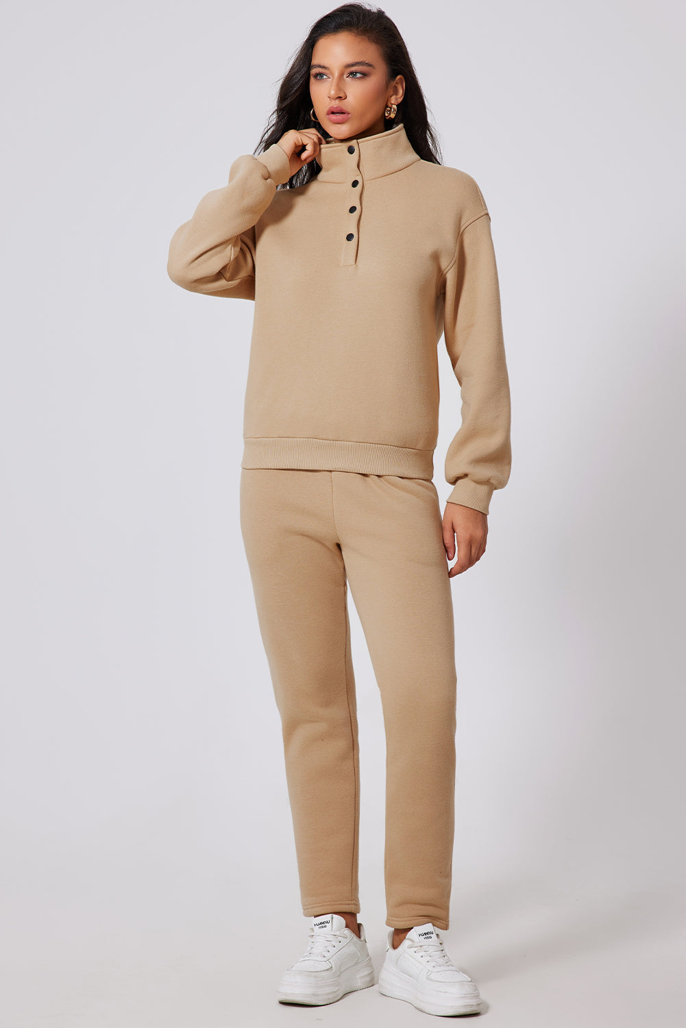 Parchment Solid Half Button Sweatshirt and High Waist Sweatpants Set-Chaelisa's New Jammies