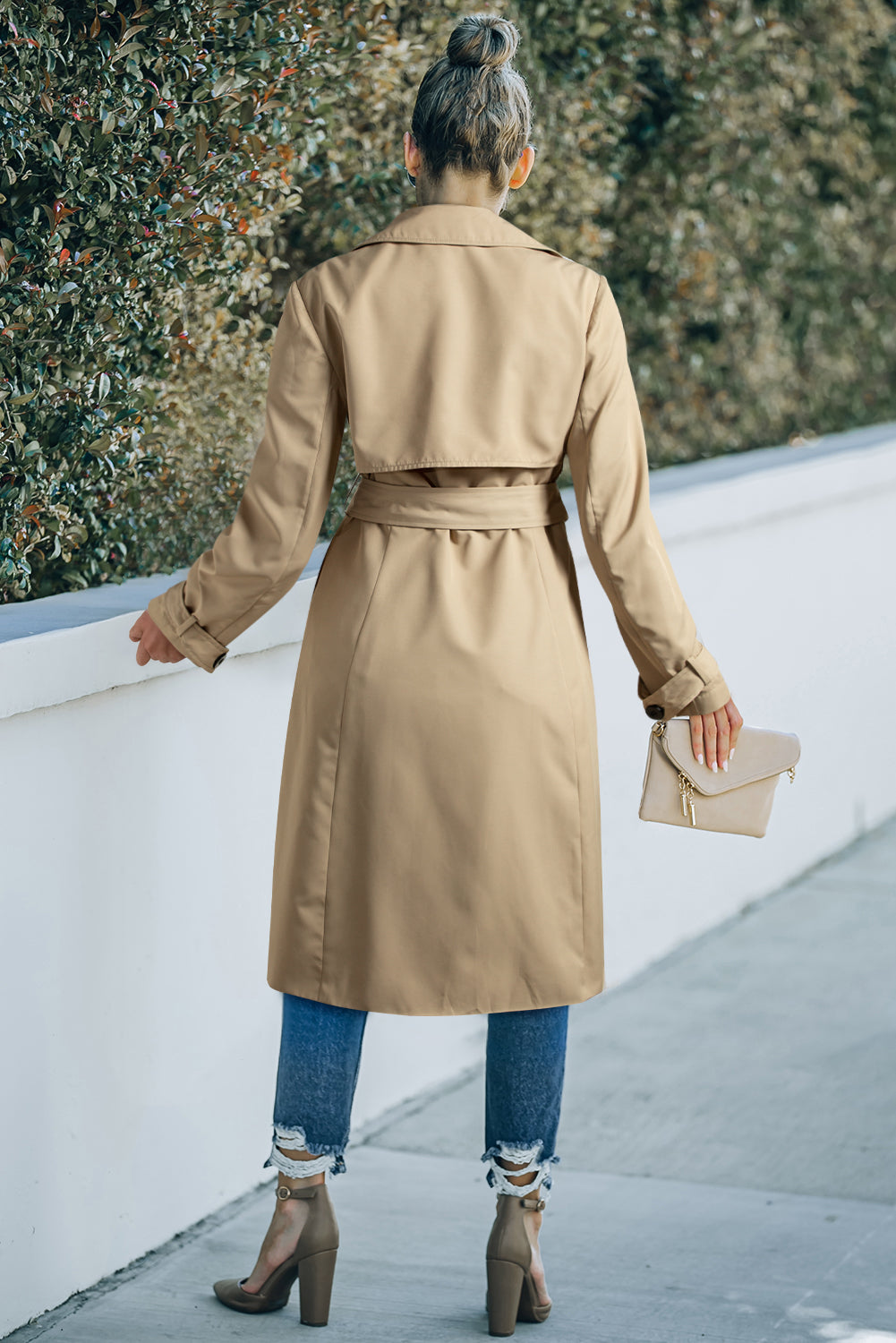Pale Khaki Solid Color Lapel Collar Waist Tie Wind Coat-Chaelisa's New Jammies
