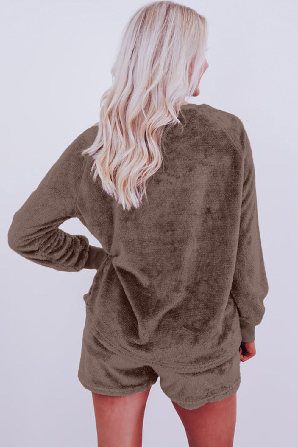Coffee Solid Loose Fit Two Piece Fleece Lounge Set-Chaelisa's New Jammies