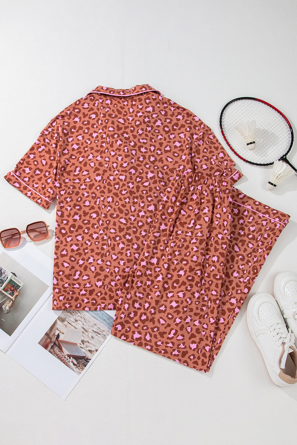 Brown Leopard Print Short Sleeve Shirt and Pants Pajamas Set-Chaelisa's New Jammies