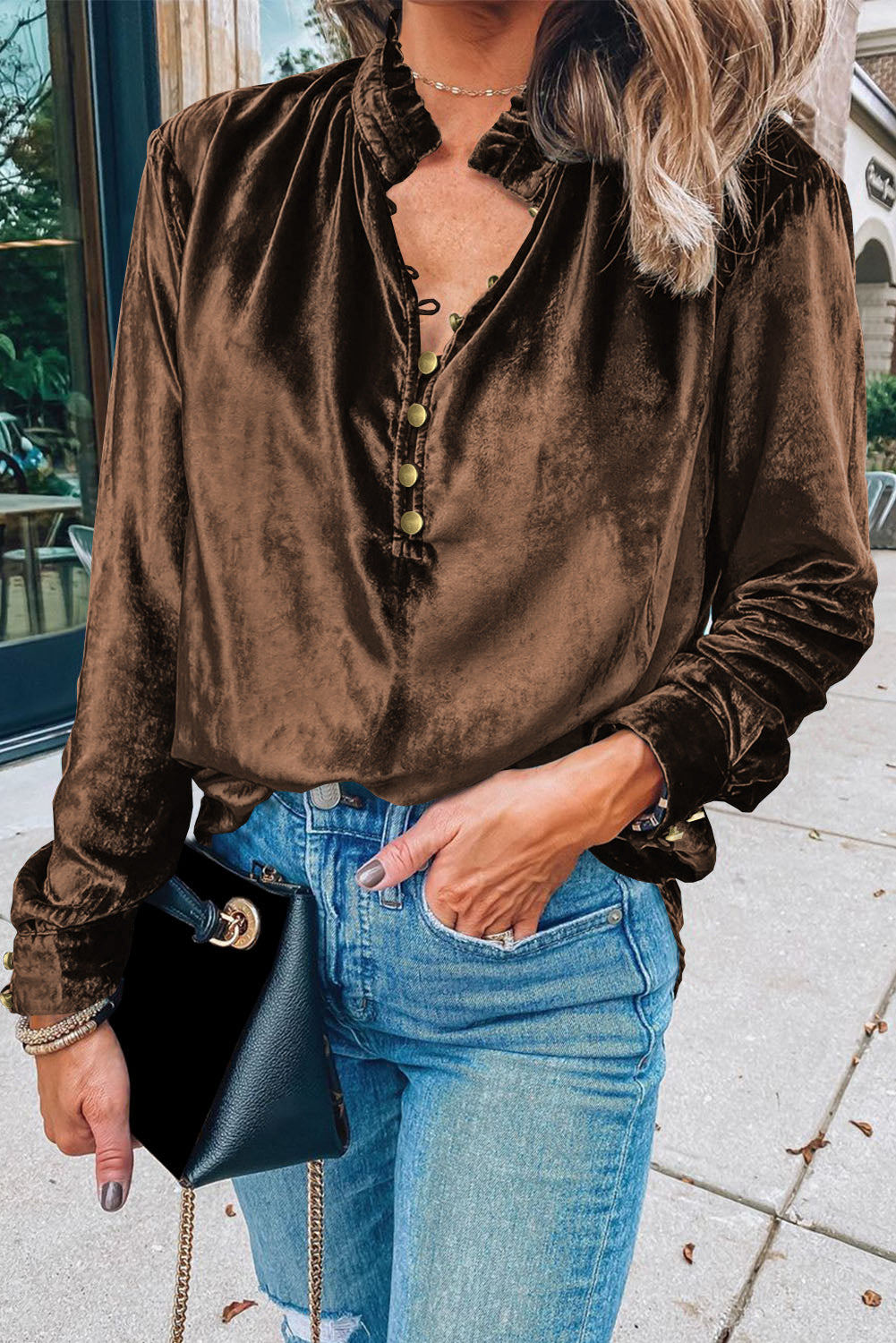 Navy Blue Frilled Buttoned V Neck Velvet Blouse-Chaelisa's New Jammies