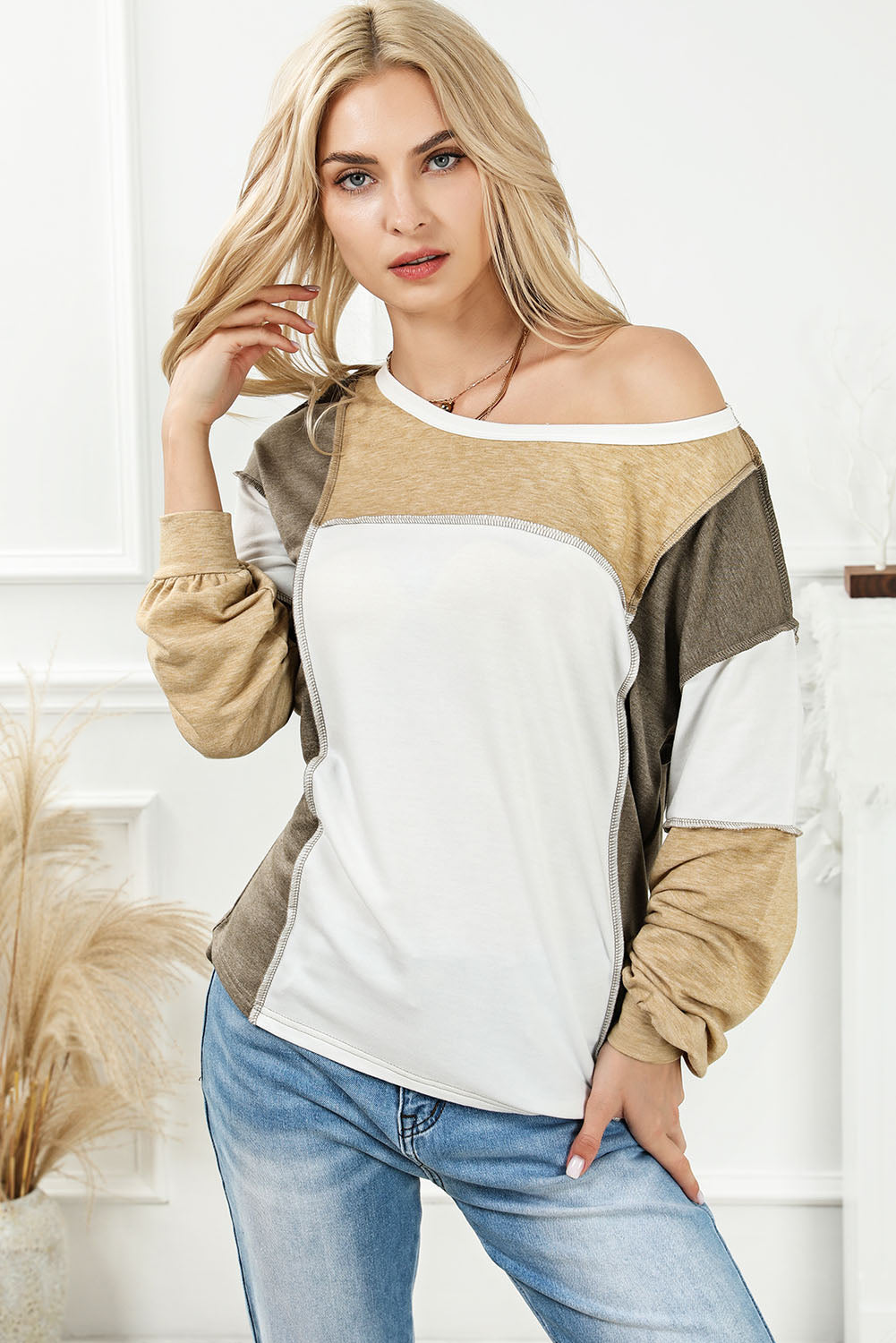 Khaki Exposed Seam Color Block Patchwork Top-Chaelisa's New Jammies
